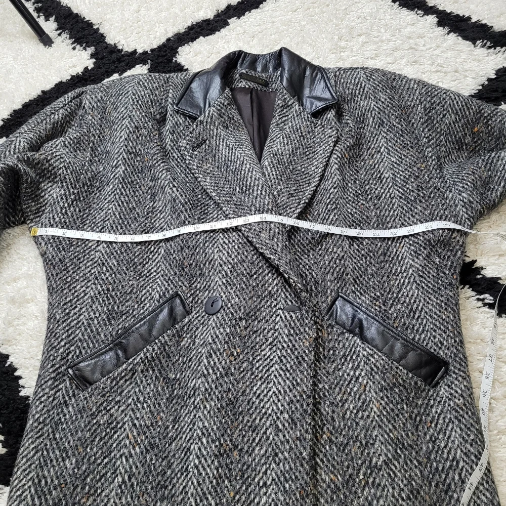 Vintage 80s wool leather tweed jacket coat oversized - Picture 11 of 16